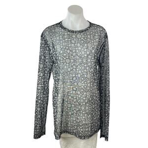 Le31 Par Simons Black Mesh Sheer Jewel Diamond Print Long Sleeve Blouse Top M